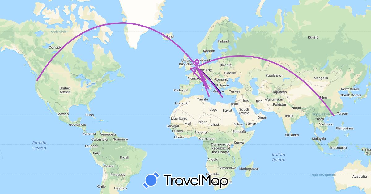 TravelMap itinerary: driving, train in Belgium, China, Germany, France, United Kingdom, Greece, Italy, Malta, Netherlands, United States (Asia, Europe, North America)